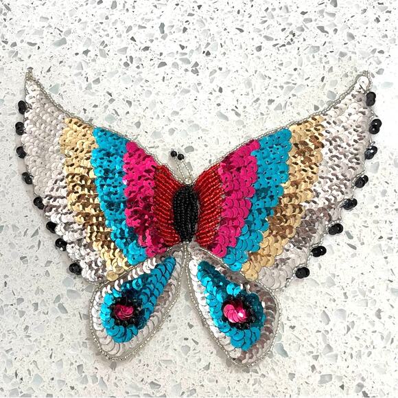 Vintage Butterfly Sequin Patch Large Light Blue Turquoise & Dark Blue - Picture 1 of 7